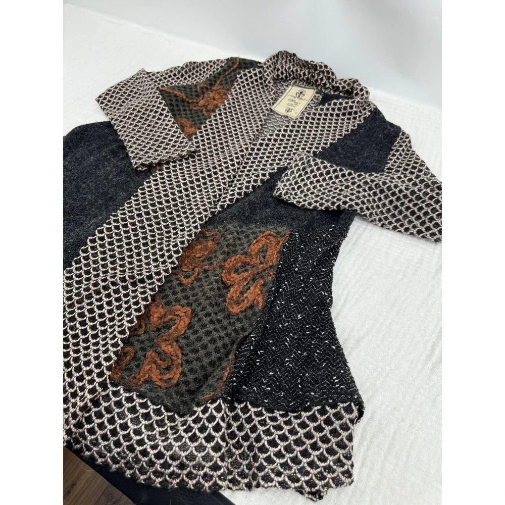 Fleur De Lis Cardigan Black Knit Yarn Patchwork Boho Floral Open Front Size S